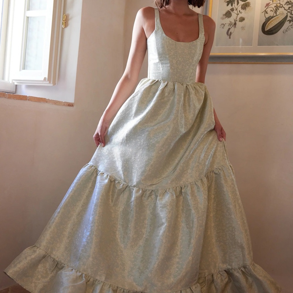 V. Chapman Light Sage Green Tiered Maxi Dress